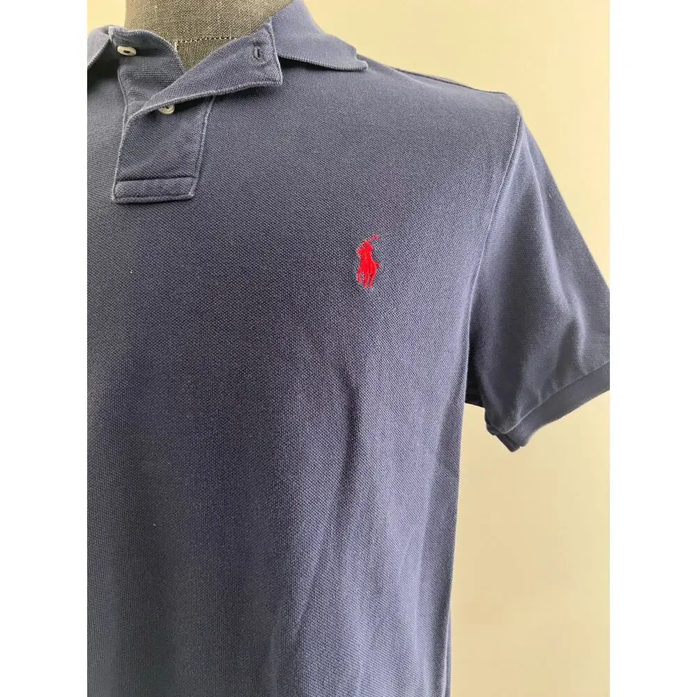 Polo Ralph Lauren 100% Pique Cotton Collared Shirt Navy Red Size Large SG